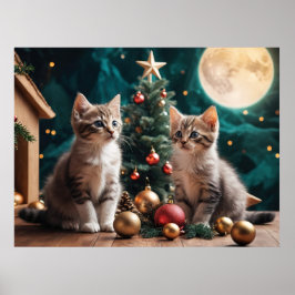 Festliche Kätzchen am Weihnachtsbaum unter Vollmon Poster