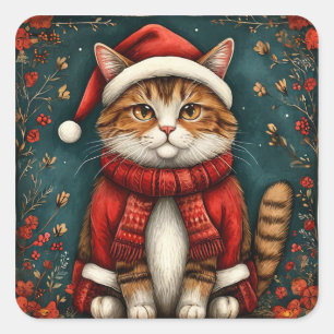 Festliche Katze mit Weihnachtsmannmütze und Schal Quadratischer Aufkleber