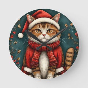 Festliche Katze mit Weihnachtsmannmütze und Schal Runde Wanduhr