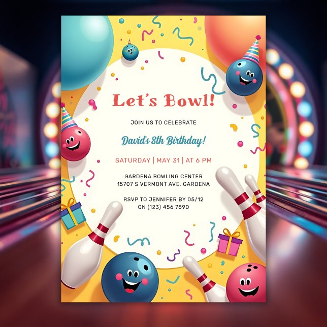 Festliche Kinder Bowling Geburtstagsparty Einladung (Festive Kids Bowling Themed Birthday Party Invitation)