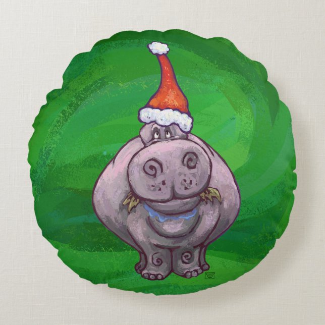 Festliche Köpfe und Schwänze Hippo auf Grün Rundes Kissen (Vorderseite)
