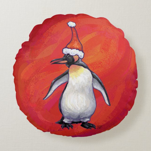 Festliche Köpfe und Schwänze Pinguin Rundes Kissen (Vorderseite)