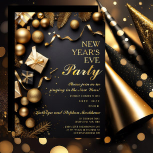Festliche Kugeln Schwarz Gold Silvesterparty Folieneinladung