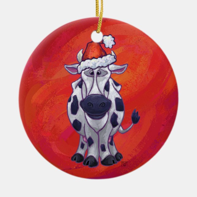 Festliche Kuh in Weihnachtsmannmütze auf Rot Keramikornament (Vorne)