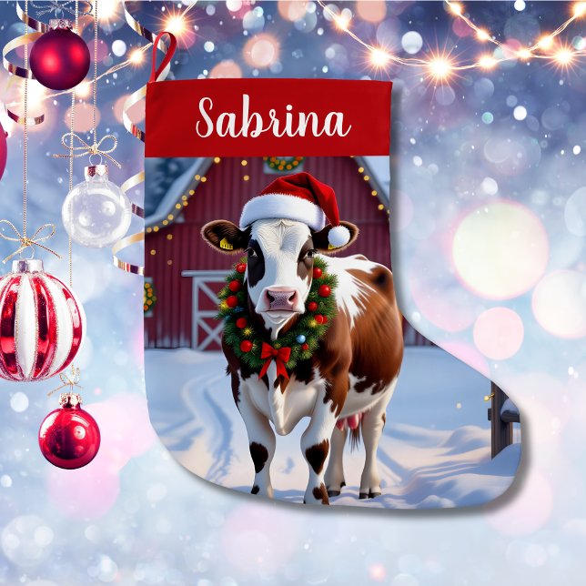 Festliche Kuh Land Weihnachten Personalisiert Großer Weihnachtsstrumpf (Von Creator hochgeladen)