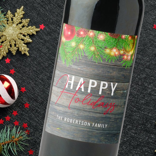 Festliche Lichter Baubles Rustikaler Urlaub Weihna Weinetikett (Von Creator hochgeladen)