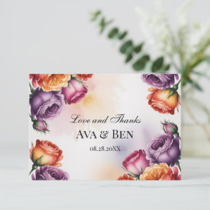 Festliche lila-orange und rote Rosen-Hochzeit Dankeskarte