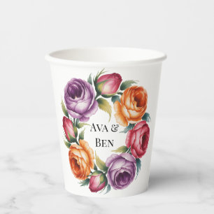 Festliche lila-orange und rote Rosen Hochzeit Pappbecher