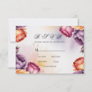 Festliche lila-orange und rote Rosen Hochzeit RSVP Karte