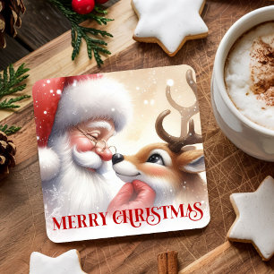Festliche lustige Santa-Rudolph-Weihnachtstrinkunt Rechteckiger Pappuntersetzer