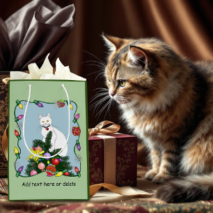 Festliche lustige Weihnachtsbaum lustige weiße Kat Mittlere Geschenktüte