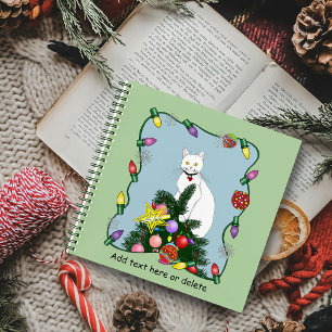 Festliche lustige Weihnachtsbaum lustige weiße Kat Notizbuch