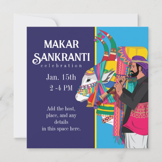 Festliche Makar Sankranti dekorierte Kuh Einladung (Vorderseite)