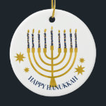 Festliche Menorah Candles Happy Hanukkah Keramik Ornament<br><div class="desc">Imitate Goldfolie menorah Kerzen für Ihre Hanukka Feier. Whimsical menorah Illustration mit weißen Sternen bedeckte Himmelskerzen auf einem Imitat Gold menorah Kerzenständer. Menorah Sterne Hanukkah illustrierte Design Geschenke und Papierprodukte.</div>