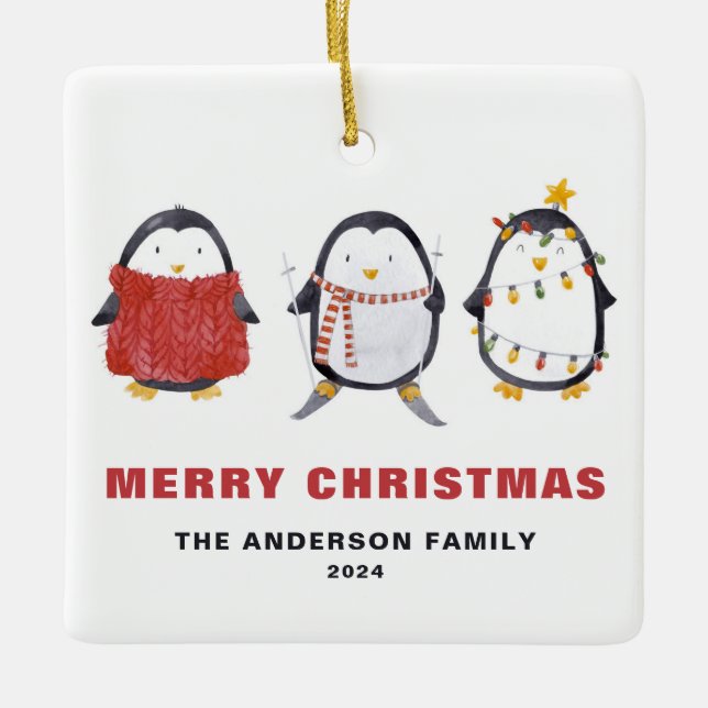 Festliche Niedliche Aquarellpinguine Weihnachten F Keramikornament (Vorderseite)