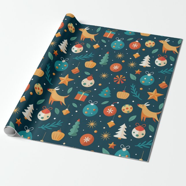 Festliche Ornamente und Rentiermuster Geschenkpapier (Ungerollt)