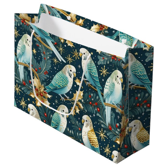 Festliche Parakeet Budgie Weihnachtsgeschenk Tasch Große Geschenktüte (Vorderseite Schrägansicht)