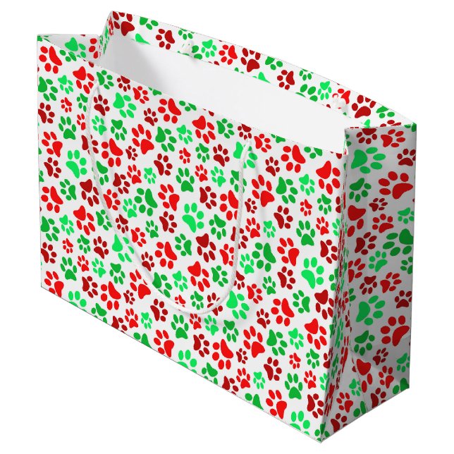 Festliche Paw Prints Pet Lovers Red Green Weihnach Große Geschenktüte (Rückseite Schrägansicht)