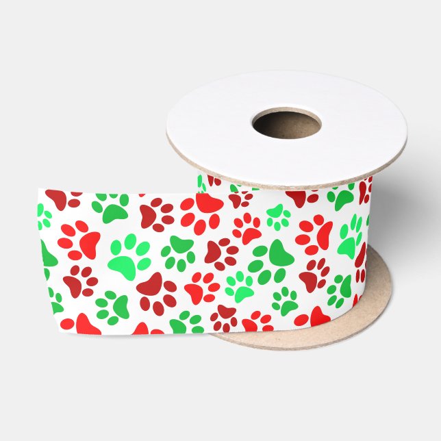 Festliche Paw Prints Pet Lovers Red Green Weihnach Satinband (Spule)