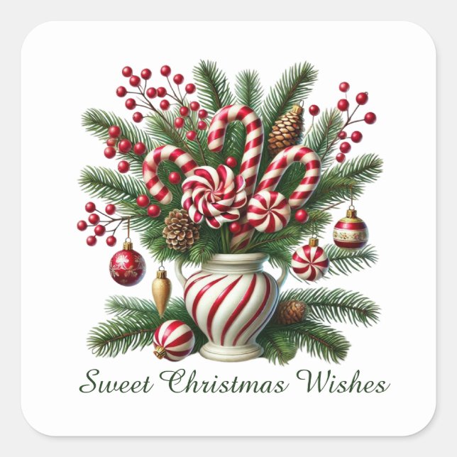 Festliche Pfefferminzbonbons Weihnachtswünsche Quadratischer Aufkleber (Vorderseite)