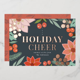 Festliche Poinsettia Berry Navy Foil Holiday Card Folieneinladung