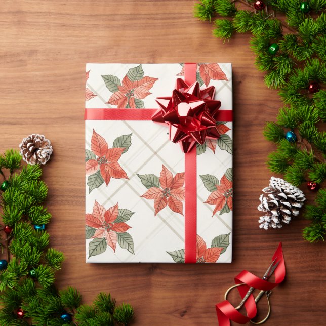 Festliche Poinsettia und Karierte Weihnachten Geschenkpapier (Feiertagsgeschenk)