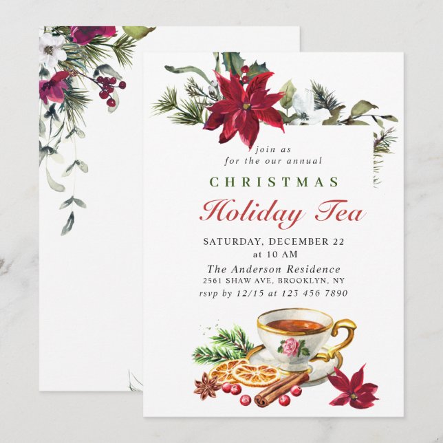 Festliche Poinsettia Weihnachtsfest Tea Party Inv Einladung (Vorne/Hinten)