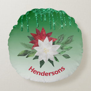 Festliche Poinsettias und Tropfen des grünen Glit Rundes Kissen