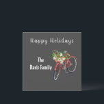 Festliche Red Bike Ferienwohnung Karte<br><div class="desc">Festliche Urlaubsplanung mit rotem Fahrrad Aquarellbild mit einem Korb voller Wintergrün und saisonalen Dekorationen. Individuelle Begrüßung und Personalisierung in sehr hellgrauem Schriftart auf Kalkboard grauem Hintergrund.</div>