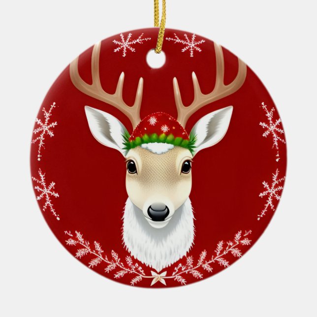 Festliche Reindeer-Illustration mit rotem Hintergr Keramik Ornament (Vorne)