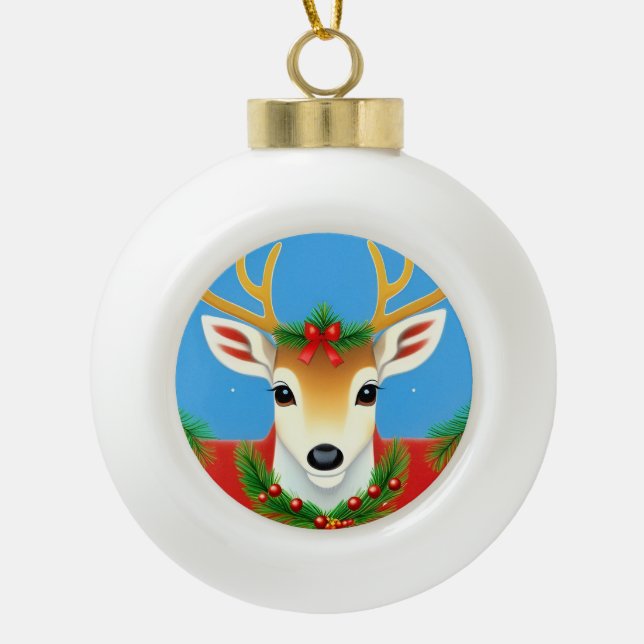 Festliche Rentierfeier mit Festspielhaus Keramik Kugel-Ornament (Vorderseite)