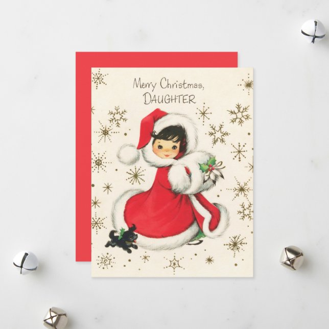 festliche Retro Vintage Weihnachtsmädchen Feiertagskarte (Vorderseite/Rückseite Beispiel)