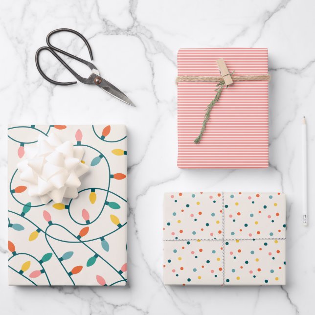 Festliche Retro Weihnachtsbeleuchtung Streifen Pun Geschenkpapier Set (Vorderseite)
