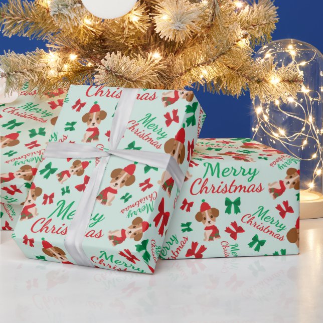 Festliche Ribbons Niedliche Hunde Weihnachtsgrün Geschenkpapier (Feiertage)