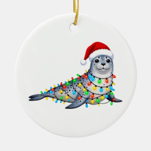 Festliche Robbe bedeckt mit Weihnachtslichtern Keramik Ornament