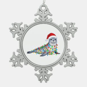 Festliche Robbe bedeckt mit Weihnachtslichtern Schneeflocken Zinn-Ornament