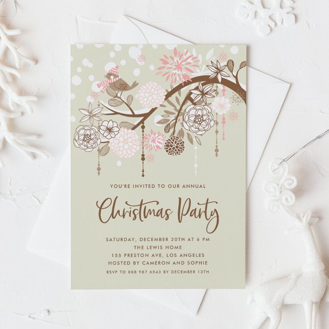 Festliche rosa Vögel und Blume Weihnachts-Party Einladung (Von Creator hochgeladen)