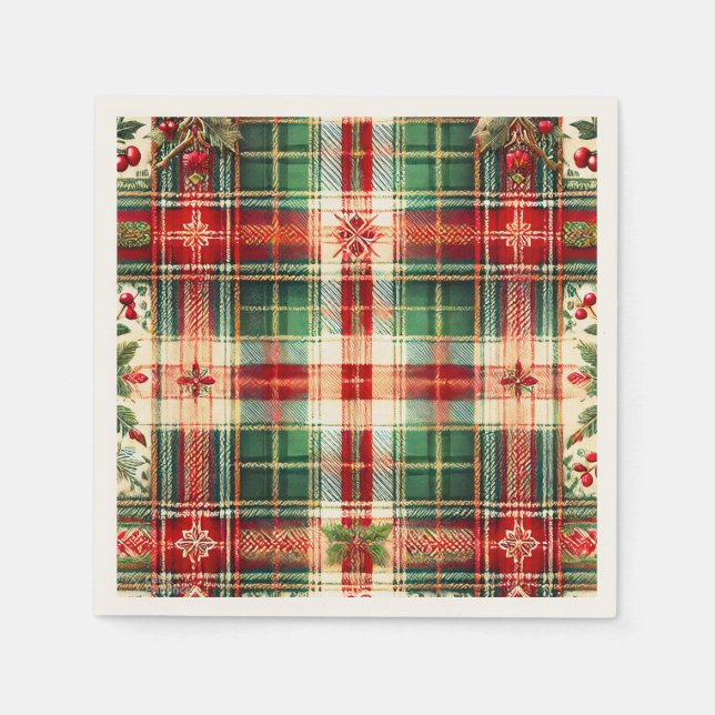 Festliche Rot- und Grüne Karierte Weihnachtsmänner Serviette (Vorderseite)