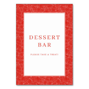 Festliche rote Dessertbar-Tafel mit Wirbelmuster Tischnummer