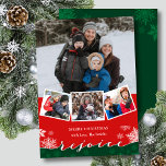 Festliche Schneeflocken Moderne Skripte REJOICE We Feiertagskarte<br><div class="desc">Festliche Schneeflocken auf Burgunder Rot und Grün Elegantes Script REJOICE Foto Collage Modern Holiday Card. Mit dieser minimalistischen und modernen Weihnachtskarte senden Sie Ihren Lieben herzliche Wünsche und Grüße. Alle Texte sind so vorbereitet,  dass Sie sie einfach und schnell mit Ihren eigenen Details personalisieren können. Gute Ferien!</div>