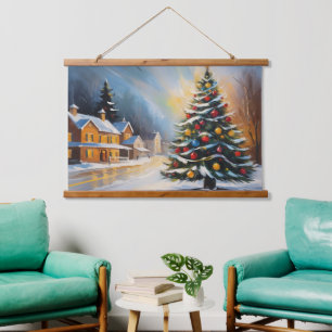 Festliche Schneehütte mit Weihnachtsbaum Wandteppich Mit Holzrahmen