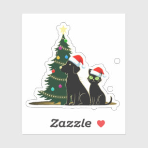Festliche schwarze Katze und Hund mit Weihnachtsma Aufkleber