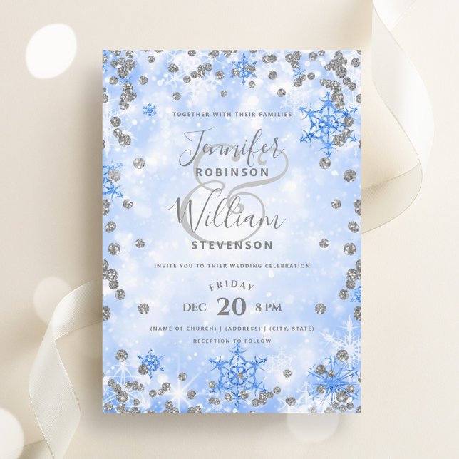 Festliche Silver Blue Glam Elegante Winterhochzeit Einladung (Festive Silver Blue Glam Elegant Winter Wedding Invitation)