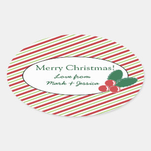 Festliche Streifen und Stechpalme Ovaler Aufkleber