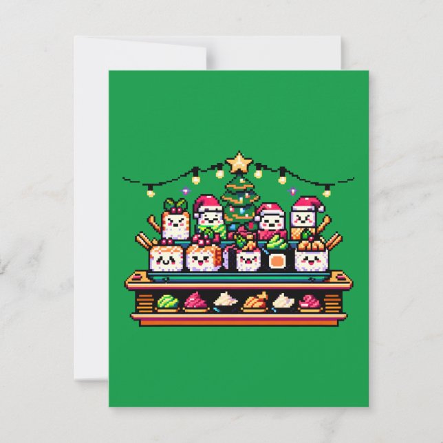 Festliche Sushi Weihnachtsbaum - Niedliche Pixel A Einladung (Vorderseite)