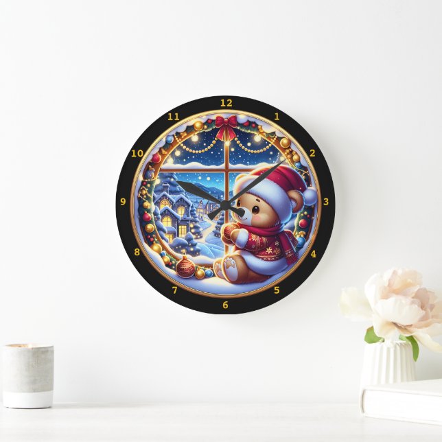 Festliche Teddybären- und Winterlandschaft Große Wanduhr (Zuhause)