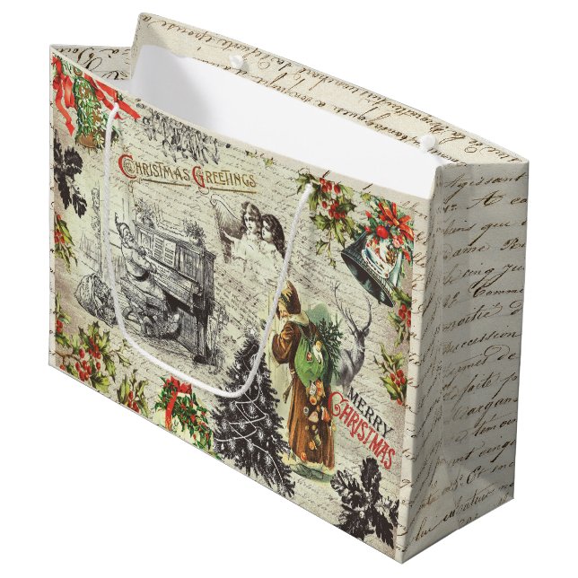 Festliche Vintage Viktorianische Weihnachtskrippe Große Geschenktüte (Vorderseite Schrägansicht)