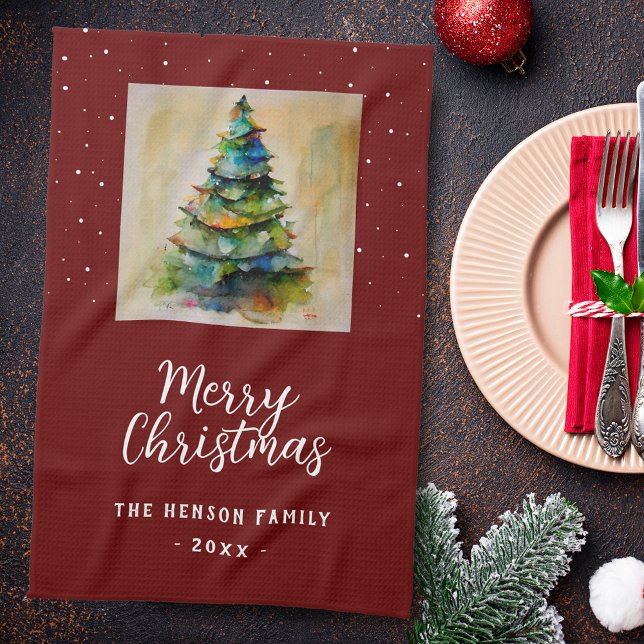Festliche Wasserfarbe Frohe Weihnachtsbaum Kunst Geschirrtuch (Von Creator hochgeladen)
