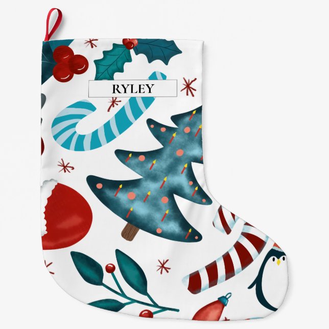 Festliche Wasserfarbe Winterweihnachtsmuster Großer Weihnachtsstrumpf (Vorderseite)