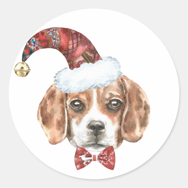 Festliche Wasserfarben Beagle Santa Happy Urlaub Runder Aufkleber (Vorderseite)